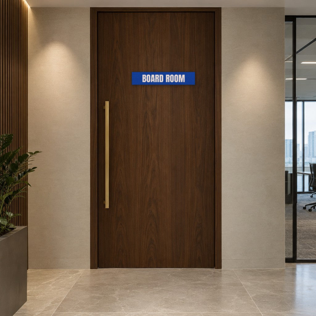 Blue and white Board Room sign on a board room door in an Australian corporate office