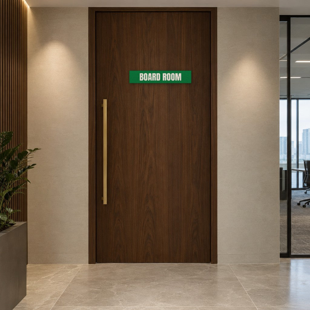 Green and white Board Room sign on a board room door in an Australian corporate office