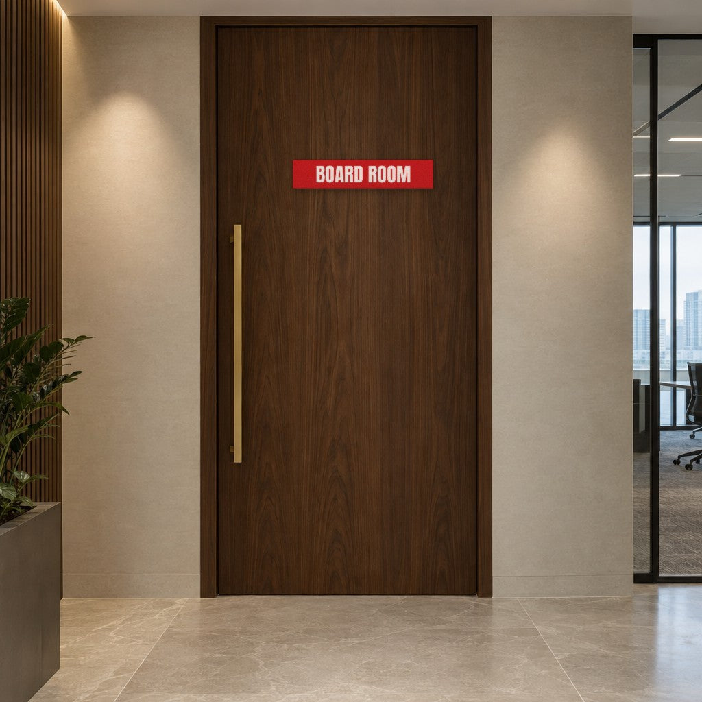 Red and white Board Room sign on a board room door in an Australian corporate office