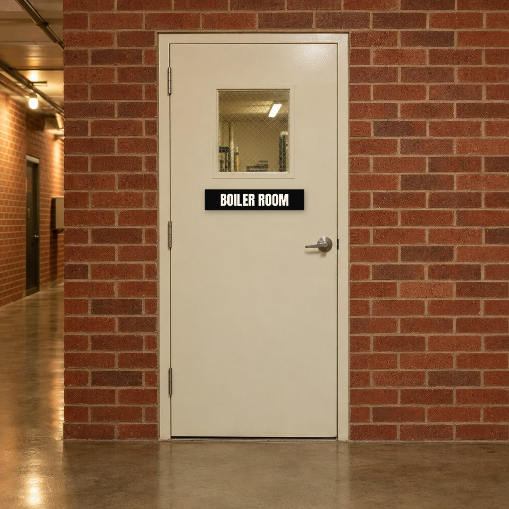 Black and white Boiler Room sign on a boiler room door in an Australian hotel back-of-house corridor