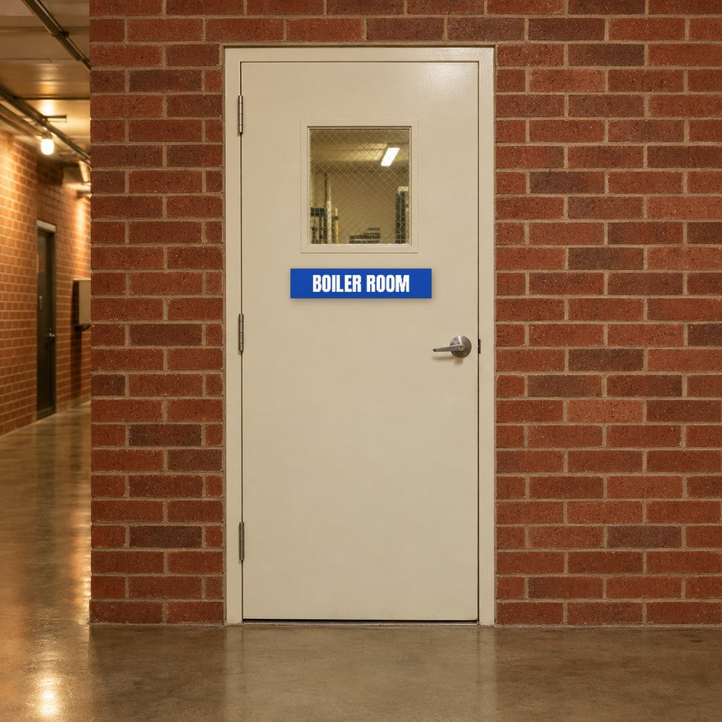 Blue and white Boiler Room sign on a boiler room door in an Australian hotel back-of-house corridor