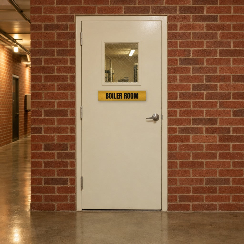 Brushed gold and black Boiler Room sign on a boiler room door in an Australian hotel back-of-house corridor