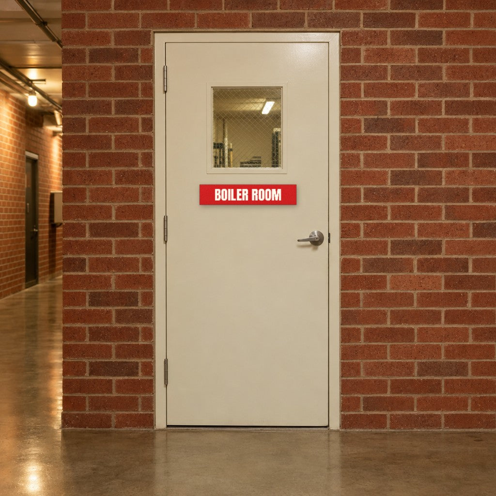 Red and white Boiler Room sign on a boiler room door in an Australian hotel back-of-house corridor