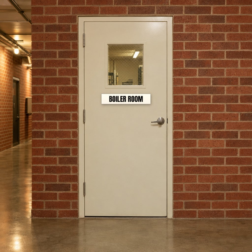 White and black Boiler Room sign on a boiler room door in an Australian hotel back-of-house corridor