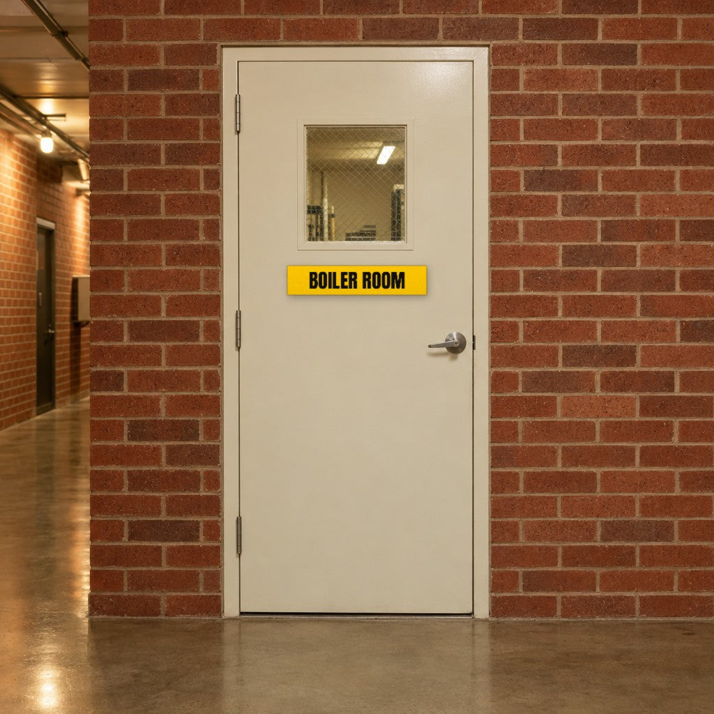 Yellow and black Boiler Room sign on a boiler room door in an Australian hotel back-of-house corridor
