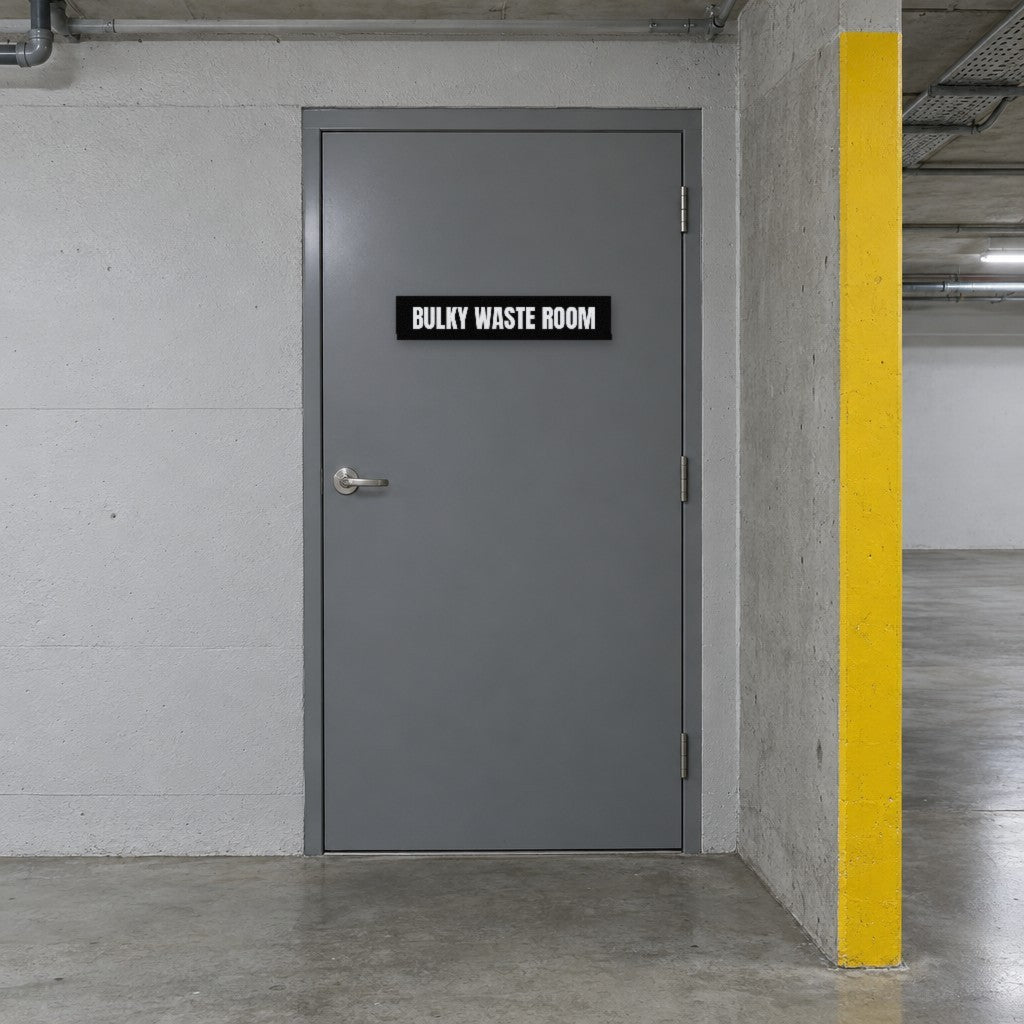 Black and white Bulky Waste Room sign on a bulky waste room door in an Australian apartment basement car park