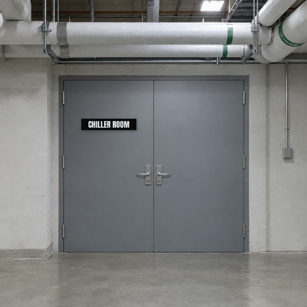 Black and white Chiller Room sign on a chiller room door in an Australian commercial building basement