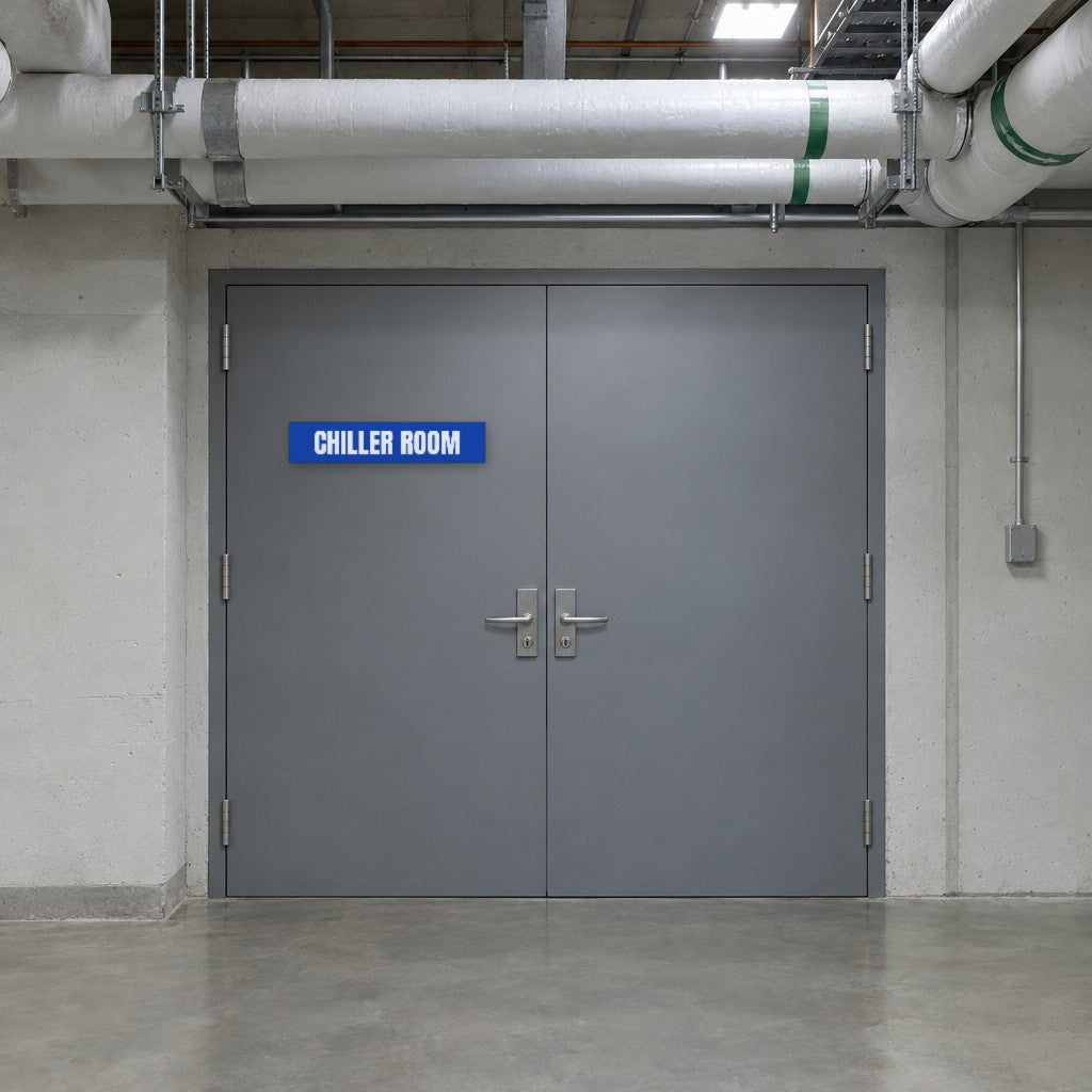 Blue and white Chiller Room sign on a chiller room door in an Australian commercial building basement