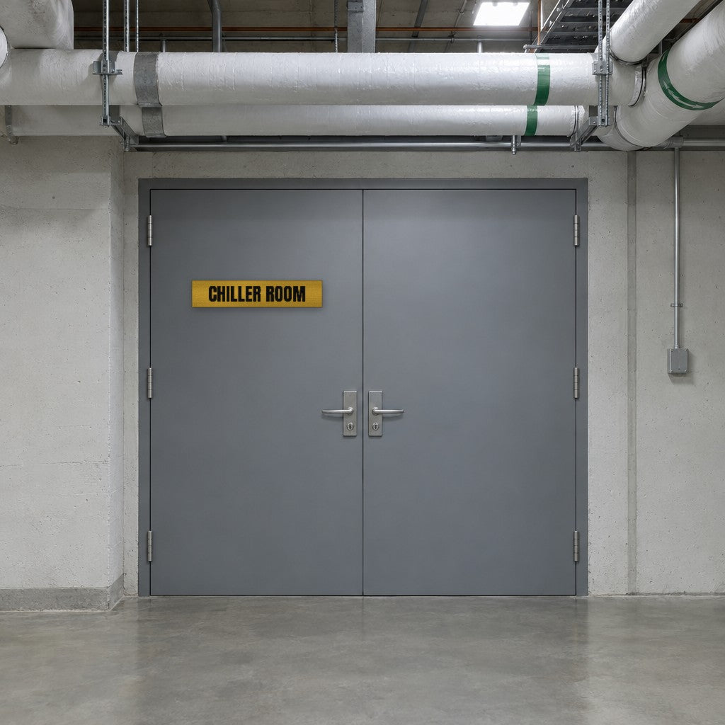 Brushed gold and black Chiller Room sign on a chiller room door in an Australian commercial building basement