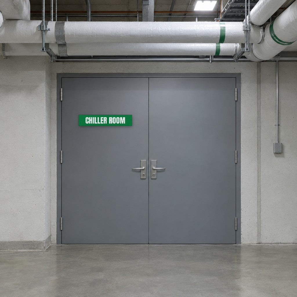 Green and white Chiller Room sign on a chiller room door in an Australian commercial building basement