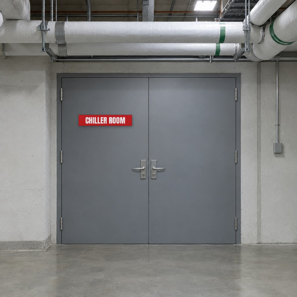 Red and white Chiller Room sign on a chiller room door in an Australian commercial building basement