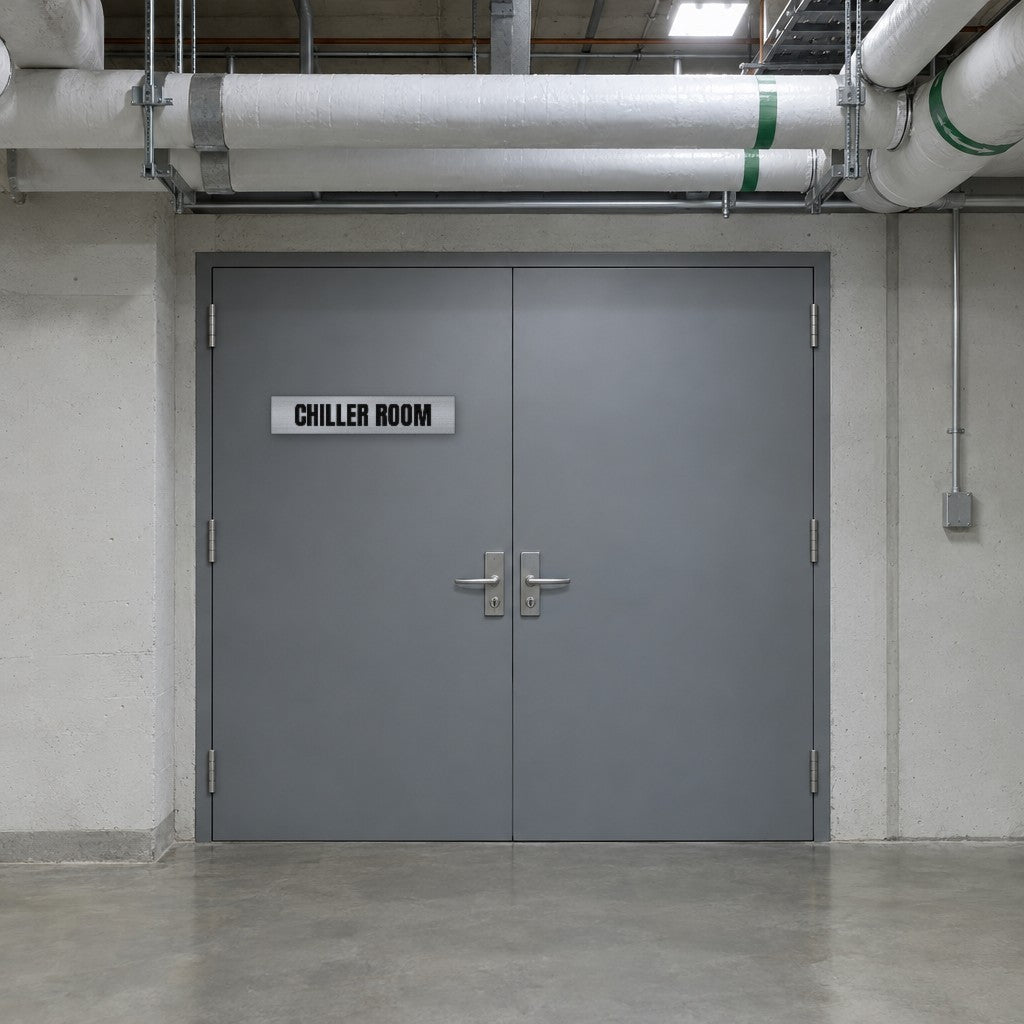 Brushed silver and black Chiller Room sign on a chiller room door in an Australian commercial building basement