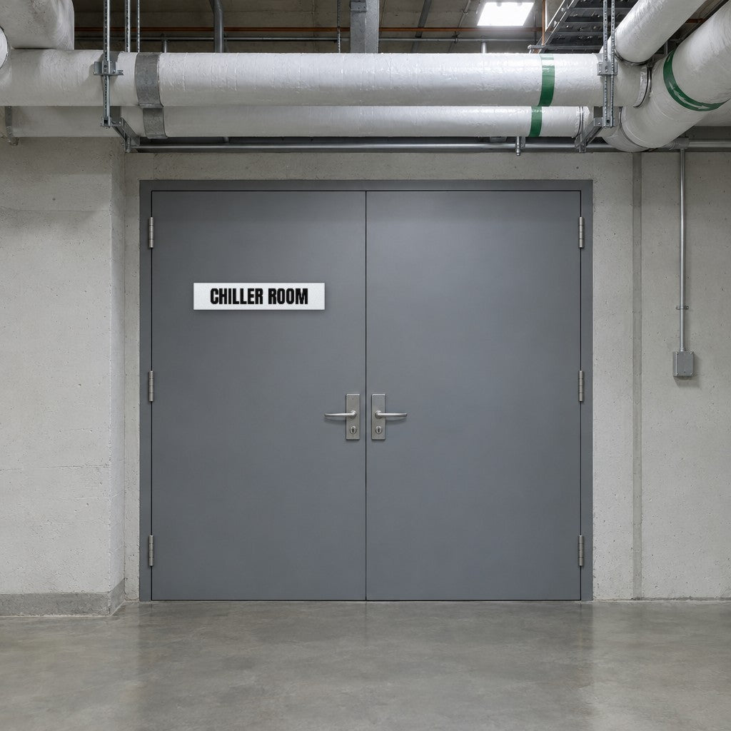 White and black Chiller Room sign on a chiller room door in an Australian commercial building basement