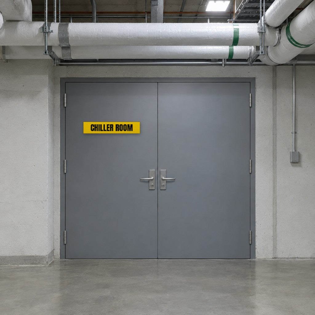 Yellow and black Chiller Room sign on a chiller room door in an Australian commercial building basement