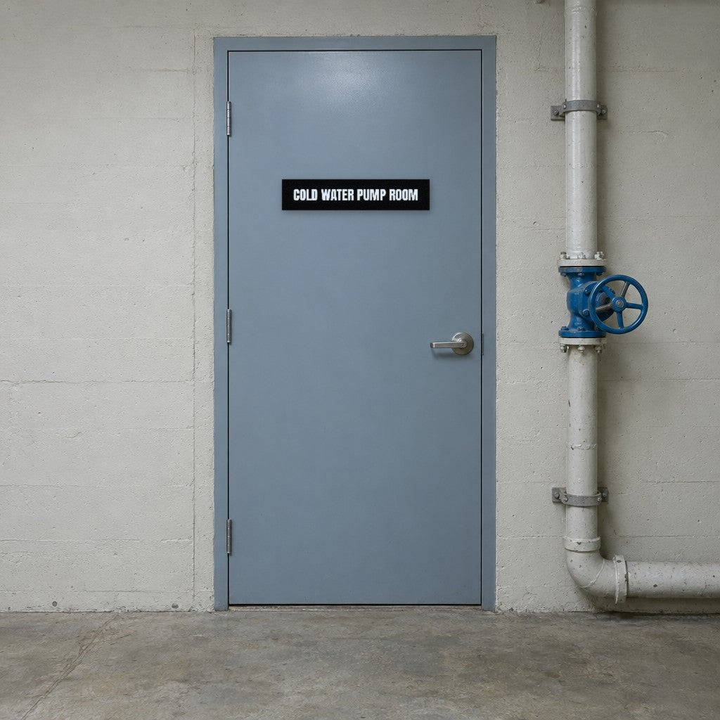 Black and white Cold Water Pump Room sign on a cold water pump room door in an Australian building basement