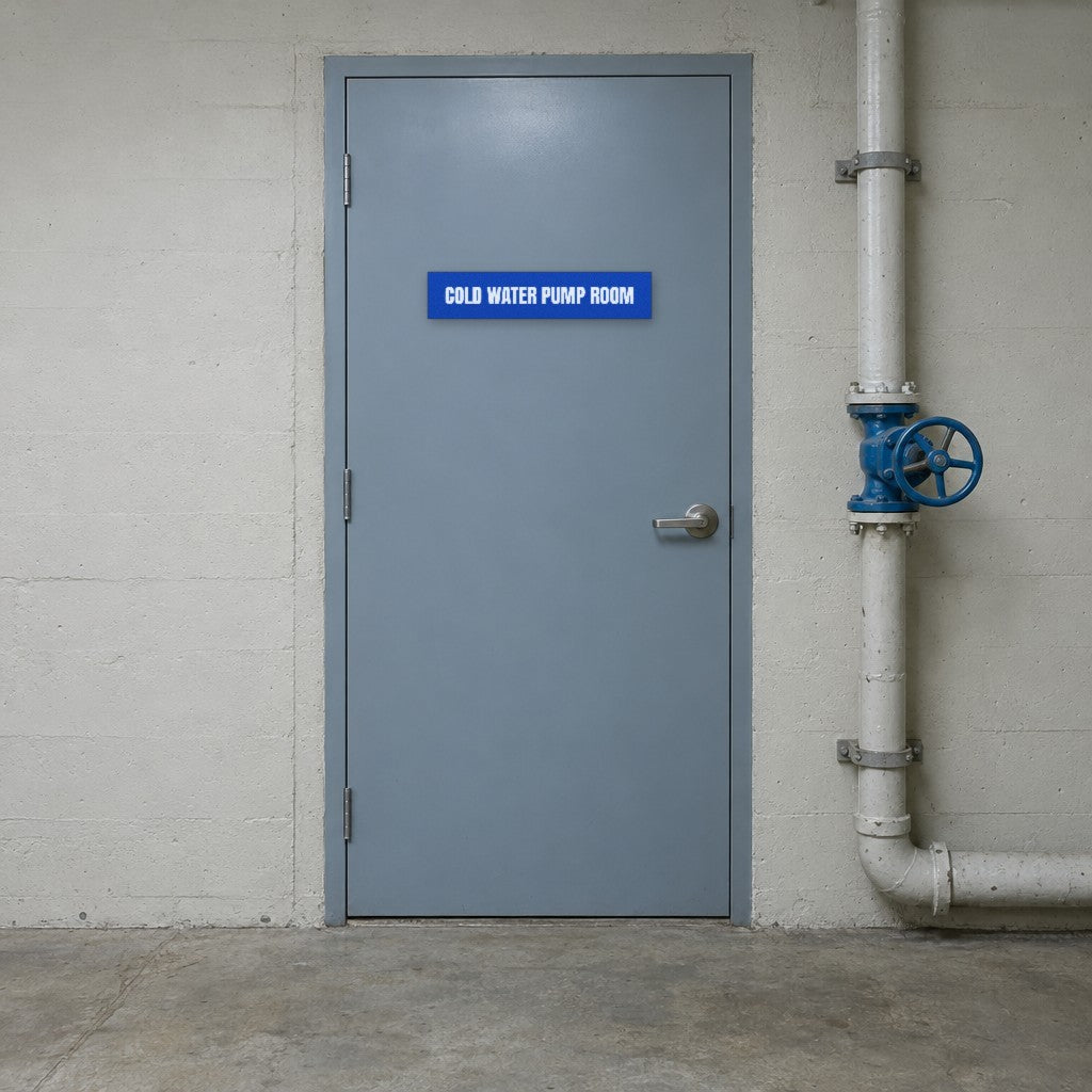 Blue and white Cold Water Pump Room sign on a cold water pump room door in an Australian building basement