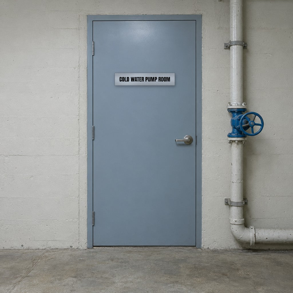 Brushed silver and black Cold Water Pump Room sign on a cold water pump room door in an Australian building basement