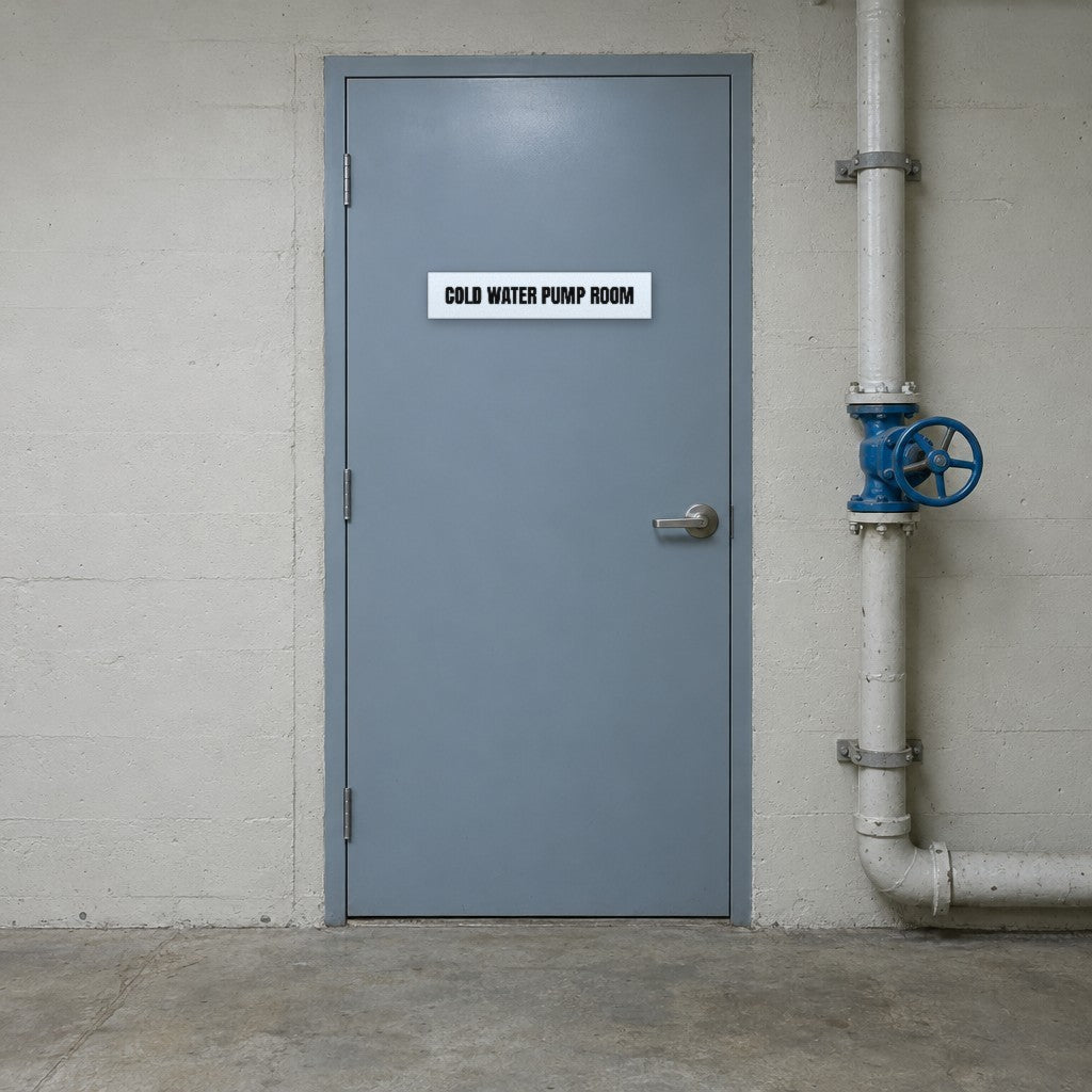 White and black Cold Water Pump Room sign on a cold water pump room door in an Australian building basement