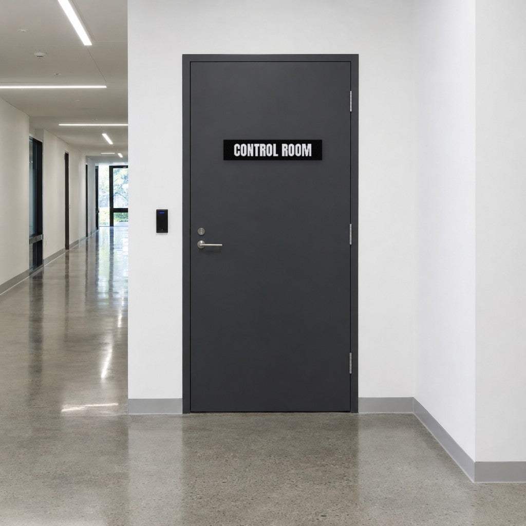 Black and white Control Room sign on a control room door in an Australian commercial building