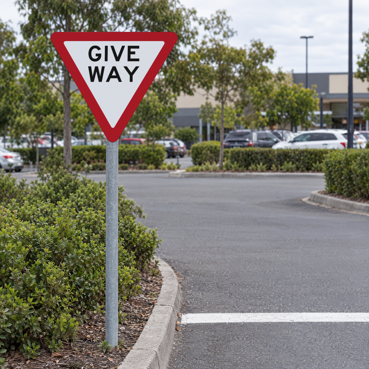 Give Way sign on a galvanised post at a car park exit, Australian made