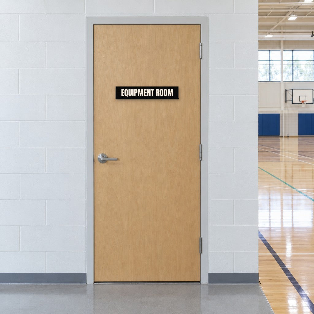 Black and white Equipment Room sign on an equipment room door beside an Australian school gymnasium