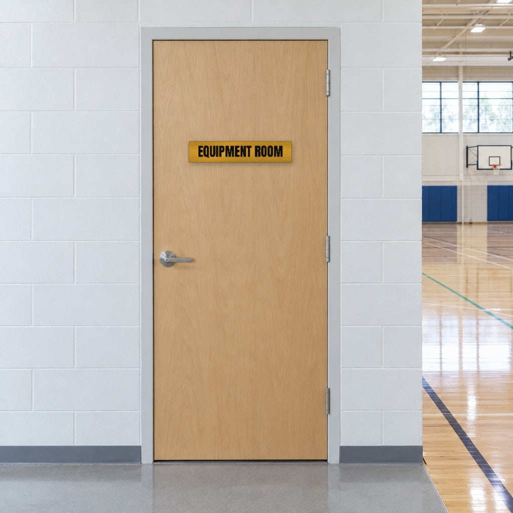 Brushed gold and black Equipment Room sign on an equipment room door beside an Australian school gymnasium