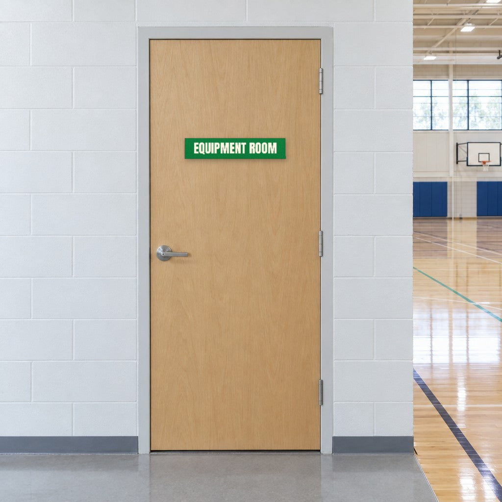 Green and white Equipment Room sign on an equipment room door beside an Australian school gymnasium