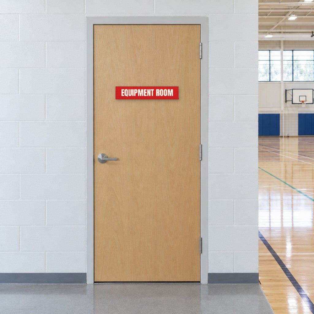Red and white Equipment Room sign on an equipment room door beside an Australian school gymnasium