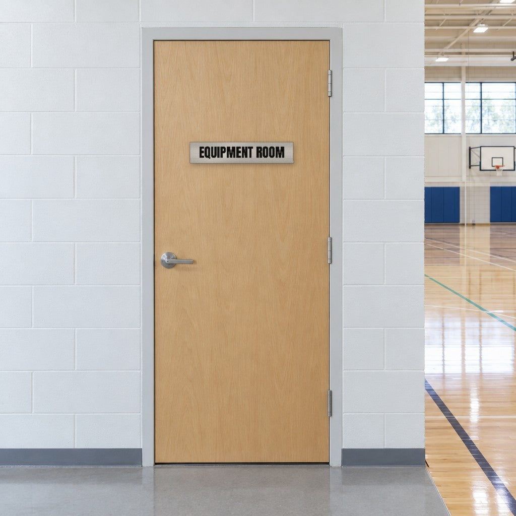 Brushed silver and black Equipment Room sign on an equipment room door beside an Australian school gymnasium