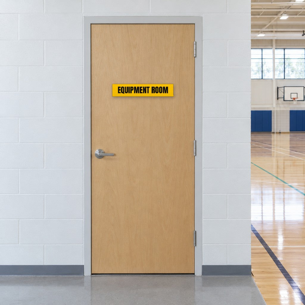 Yellow and black Equipment Room sign on an equipment room door beside an Australian school gymnasium