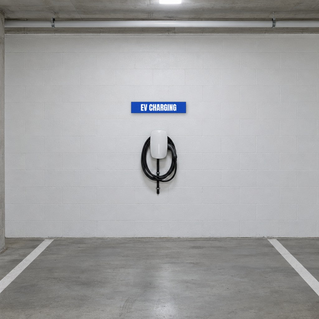 Blue and white EV Charging sign on the wall above an EV charger in an Australian basement car park