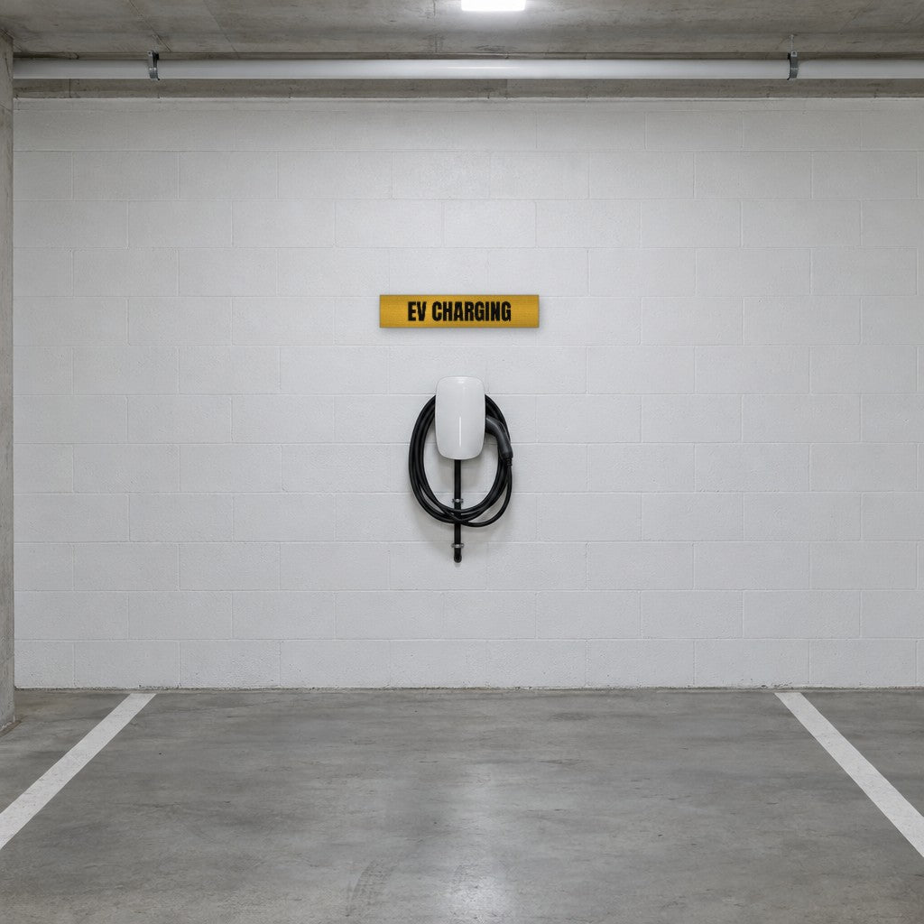 Brushed gold and black EV Charging sign on the wall above an EV charger in an Australian basement car park