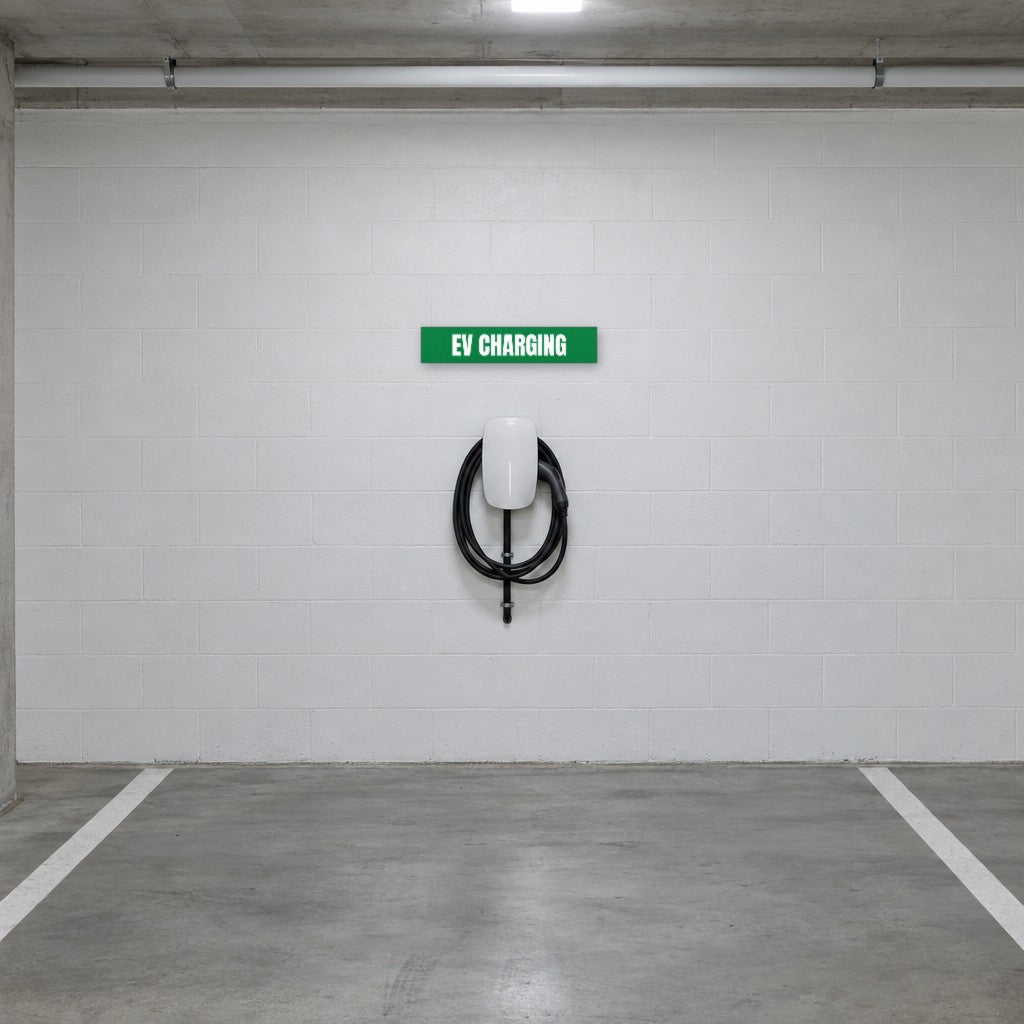 Green and white EV Charging sign on the wall above an EV charger in an Australian basement car park