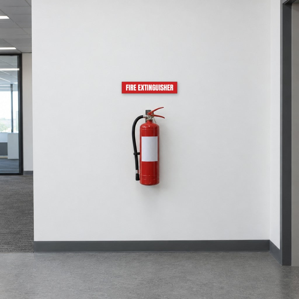 Red and white Fire Extinguisher sign above a fire extinguisher in an Australian office corridor