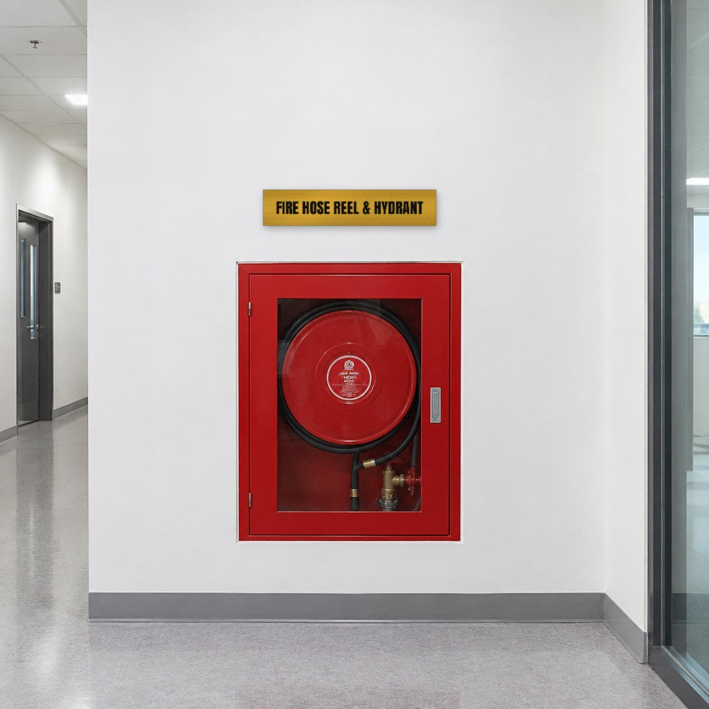 Brushed gold and black Fire Hose Reel & Hydrant sign above a fire hose reel and hydrant cabinet in an Australian office corridor