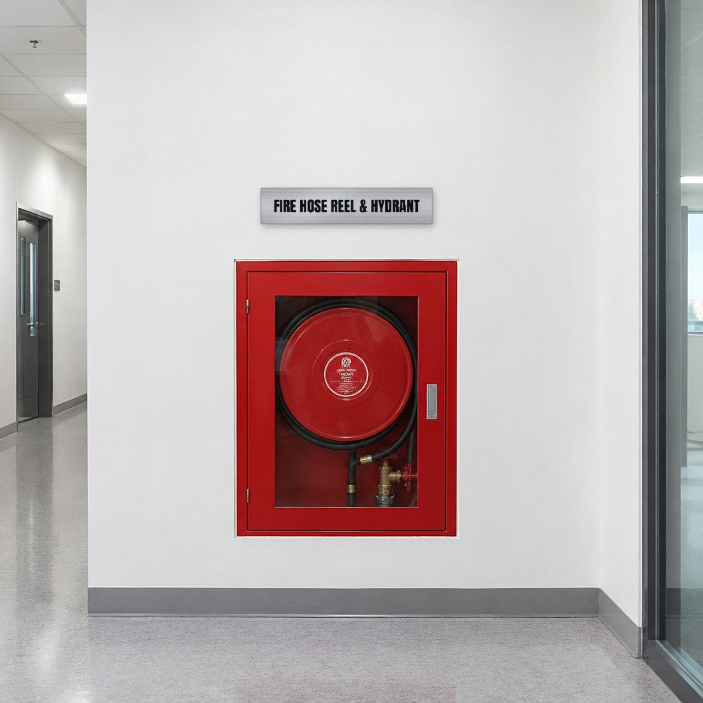 Brushed silver and black Fire Hose Reel & Hydrant sign above a fire hose reel and hydrant cabinet in an Australian office corridor