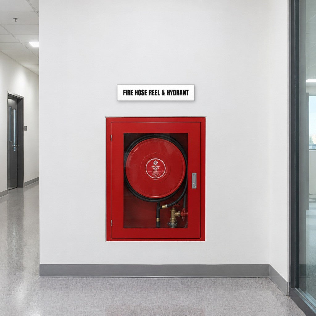 White and black Fire Hose Reel & Hydrant sign above a fire hose reel and hydrant cabinet in an Australian office corridor