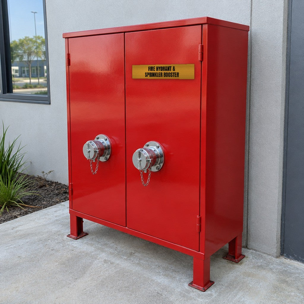 Brushed gold and black Fire Hydrant & Sprinkler Booster sign on a combined booster cabinet outside an Australian commercial building