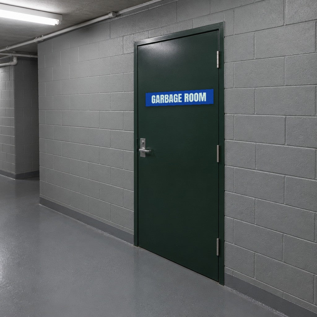 Blue and white Garbage Room sign on a garbage room door in an Australian apartment building basement