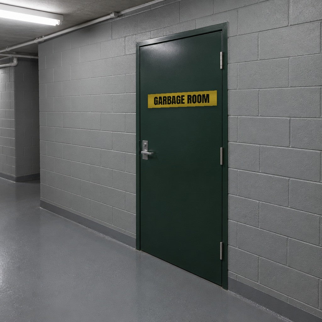 Brushed gold and black Garbage Room sign on a garbage room door in an Australian apartment building basement