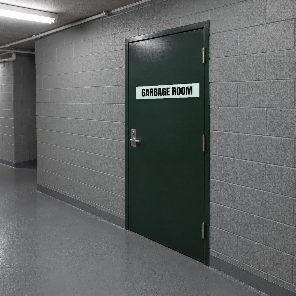 White and black Garbage Room sign on a garbage room door in an Australian apartment building basement