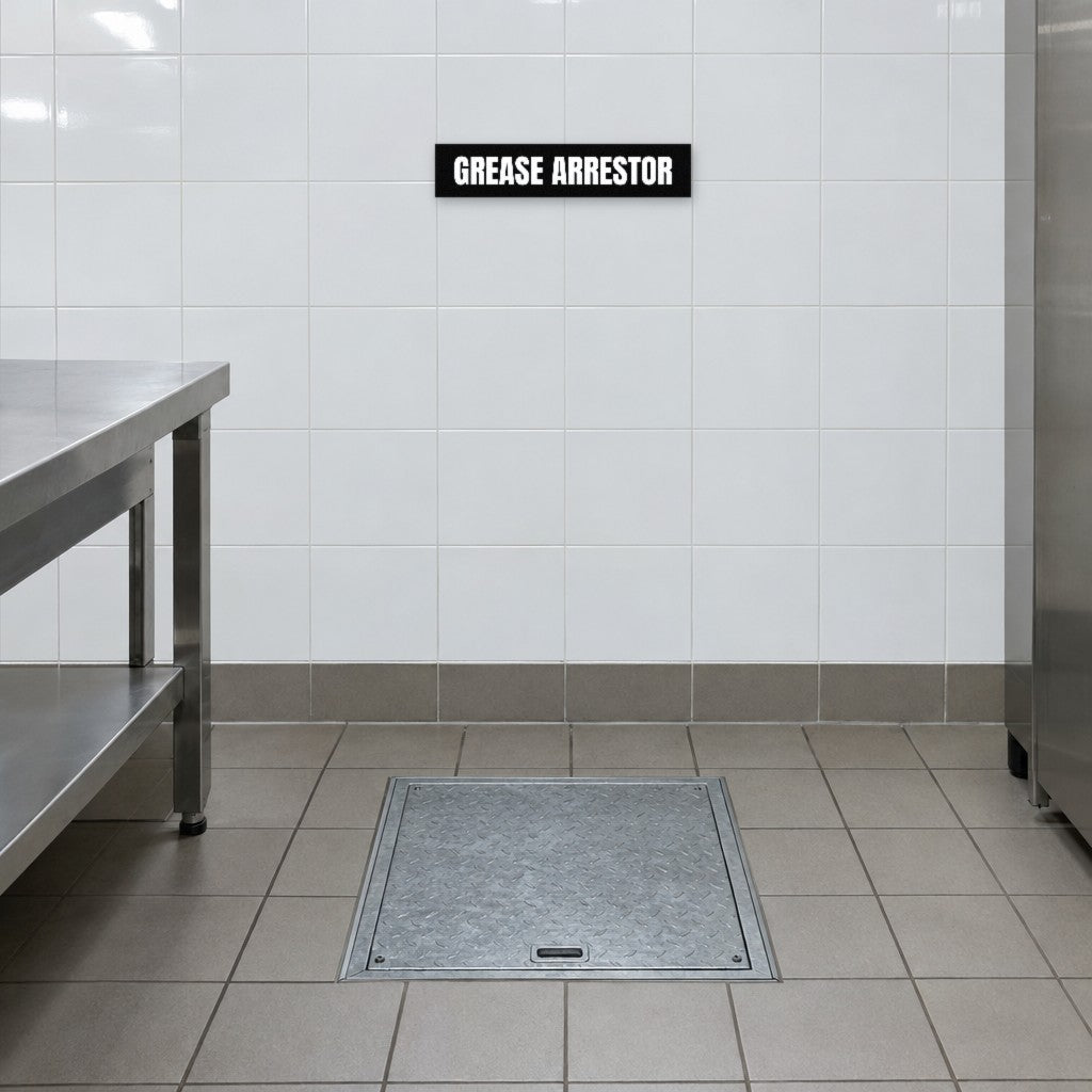 Black and white Grease Arrestor sign on the tiled wall above a grease arrestor in an Australian commercial kitchen