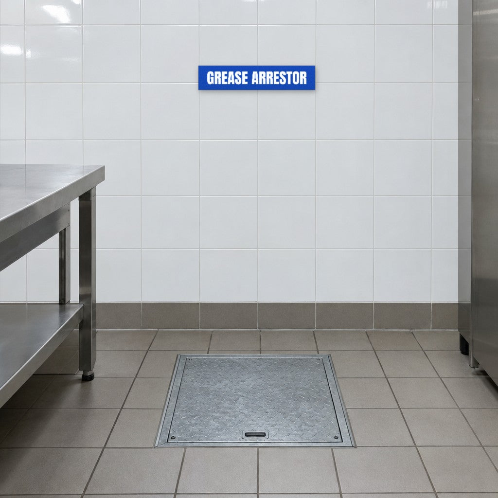 Blue and white Grease Arrestor sign on the tiled wall above a grease arrestor in an Australian commercial kitchen