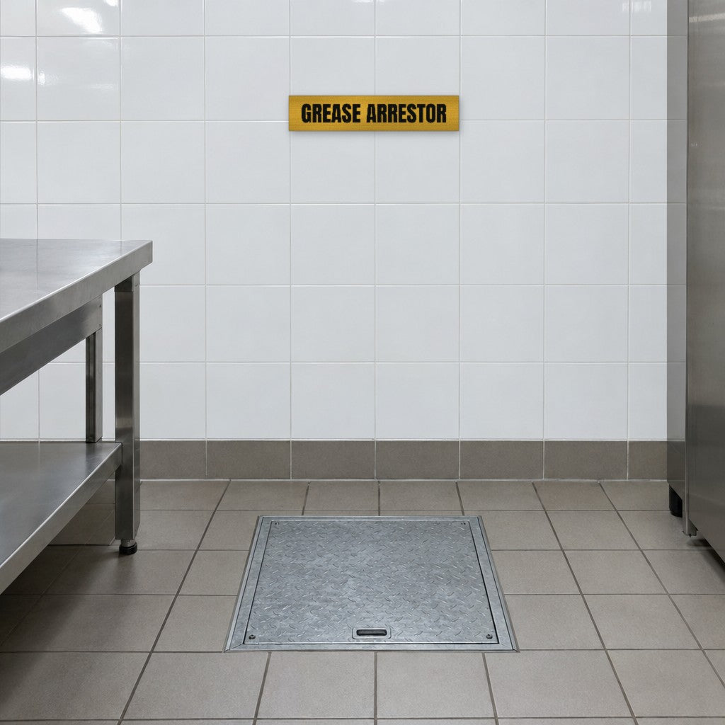 Brushed gold and black Grease Arrestor sign on the tiled wall above a grease arrestor in an Australian commercial kitchen
