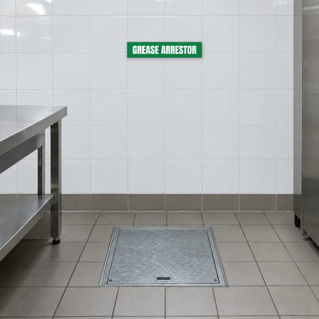 Green and white Grease Arrestor sign on the tiled wall above a grease arrestor in an Australian commercial kitchen