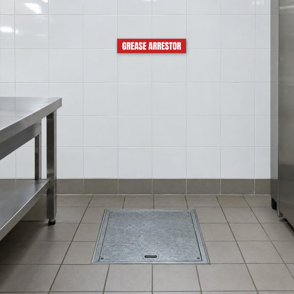 Red and white Grease Arrestor sign on the tiled wall above a grease arrestor in an Australian commercial kitchen
