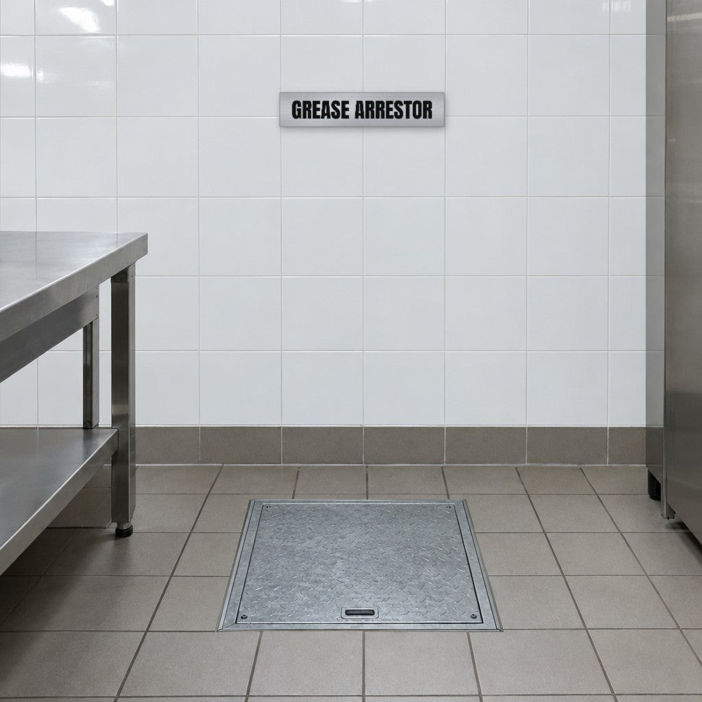 Brushed silver and black Grease Arrestor sign on the tiled wall above a grease arrestor in an Australian commercial kitchen