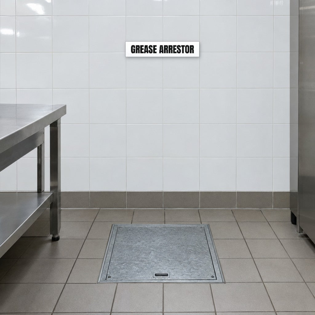 White and black Grease Arrestor sign on the tiled wall above a grease arrestor in an Australian commercial kitchen