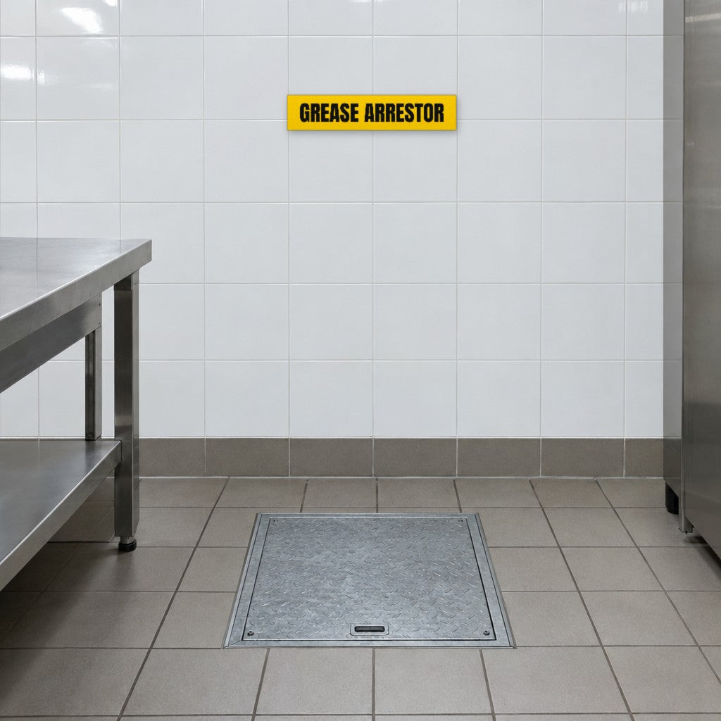 Yellow and black Grease Arrestor sign on the tiled wall above a grease arrestor in an Australian commercial kitchen
