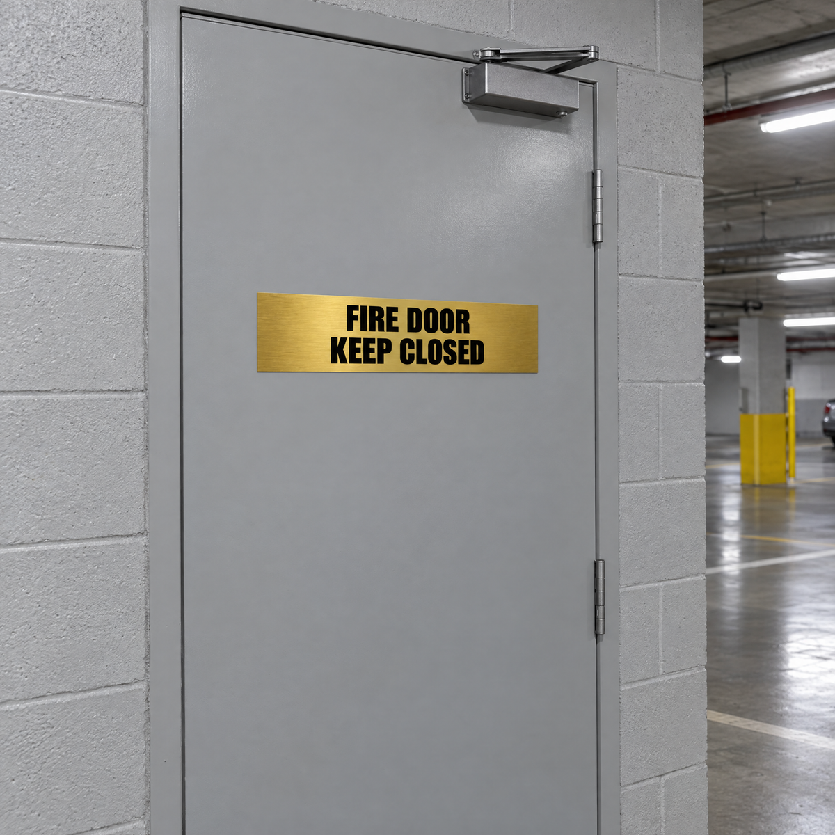 Brushed gold and black Fire Door Keep Closed sign on a plant room fire door in an Australian basement